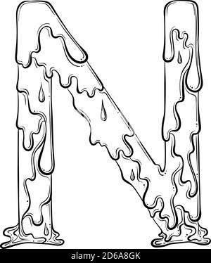 Buchstabe N mit Fliesstropfen und goo Spritzer. Symbol für tropfende Flüssigkeit. Vektor trendy Schriftart in Hand gezeichnet Linie Art Stil isoliert auf weißem Hintergrund. Slime-Logo oder Anfangsbuchstaben. Stock Vektor