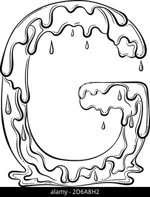 Buchstabe G mit Fliesstropfen und goo Spritzer. Symbol für tropfende Flüssigkeit. Vektor trendy Schriftart in Hand gezeichnet Linie Art Stil isoliert auf weißem Hintergrund. Slime-Logo oder Anfangsbuchstaben. Stock Vektor