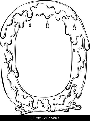 Buchstabe O mit Fliesstropfen und goo Spritzer. Symbol für tropfende Flüssigkeit. Vektor trendy Schriftart in Hand gezeichnet Linie Art Stil isoliert auf weißem Hintergrund. Slime-Logo oder Anfangsbuchstaben. Stock Vektor