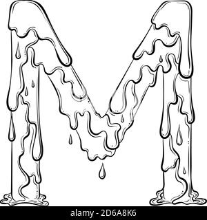 Buchstabe M mit Fliesstropfen und goo Spritzer. Symbol für tropfende Flüssigkeit. Vektor trendy Schriftart in Hand gezeichnet Linie Art Stil isoliert auf weißem Hintergrund. Slime-Logo oder Anfangsbuchstaben. Stock Vektor
