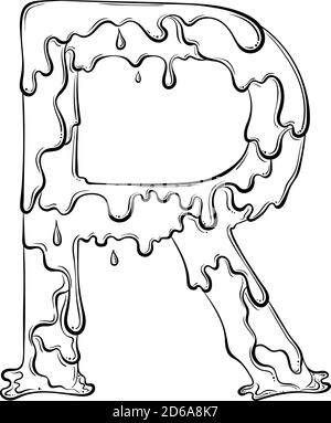 Buchstabe R mit Fliesstropfen und goo Spritzer. Symbol für tropfende Flüssigkeit. Vektor trendy Schriftart in Hand gezeichnet Linie Art Stil isoliert auf weißem Hintergrund. Slime-Logo oder Anfangsbuchstaben. Stock Vektor