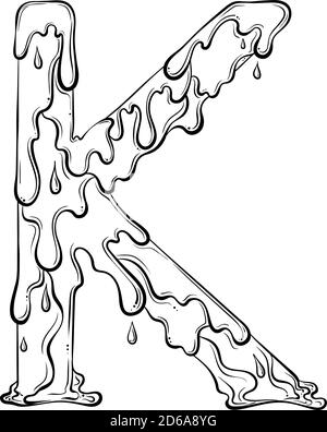 Buchstabe K mit Fliesstropfen und goo Spritzer. Symbol für tropfende Flüssigkeit. Vektor trendy Schriftart in Hand gezeichnet Linie Art Stil isoliert auf weißem Hintergrund. Slime-Logo oder Anfangsbuchstaben. Stock Vektor