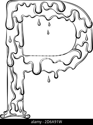 Buchstabe P mit Fliesstropfen und goo Spritzer. Symbol für tropfende Flüssigkeit. Vektor trendy Schriftart in Hand gezeichnet Linie Art Stil isoliert auf weißem Hintergrund. Slime-Logo oder Anfangsbuchstaben. Stock Vektor