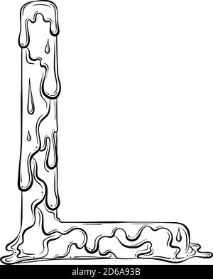 Buchstabe L mit Fliesstropfen und goo Spritzer. Symbol für tropfende Flüssigkeit. Vektor trendy Schriftart in Hand gezeichnet Linie Art Stil isoliert auf weißem Hintergrund. Slime-Logo oder Anfangsbuchstaben. Stock Vektor