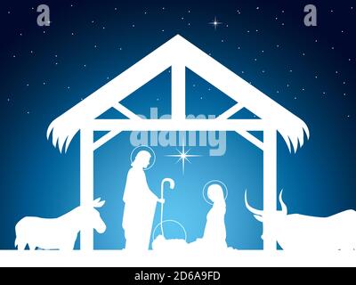geburt, Szene von Baby Jesus in der Krippe mit Maria Joseph und Tiere Vektor-Illustration Stock Vektor