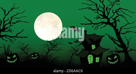 Frohe Halloween. Hexenhaus, Kürbis, Baum und Mond mit fröhlichen Gesicht auf grünem dunklen Nachthintergrund. Vektorgrafik. EPS10 Stock Vektor