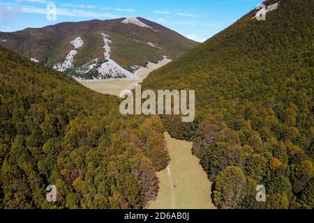Viggianello, Italien. Oktober 2020. (ANMERKUNG DER REDAKTION: Das Bild wurde mit einer Drohne erstellt.) Ein Blick auf die Wälder von Piano Ruggio auf etwa 1550 Meter hoch, auf die Pollino Berge in Basilicata, Süditalien. Sehr beliebtes Touristenziel das ganze Jahr über. Kredit: Unabhängige Fotoagentur/Alamy Live Nachrichten Stockfoto