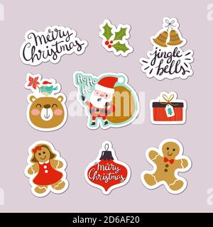 Sammlung von Weihnachtsaufklebern mit niedlichen Schriftzügen, Charakterdesigns und Elementen. EPS10 Vektorgrafik. Stock Vektor