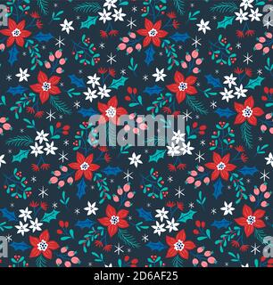 Weihnachtliche Nahtloses Muster mit Winterblumen und kleinen Schneeflocken. Dunkelblauer Hintergrund. EPS 10 Vektorgrafik. Stock Vektor