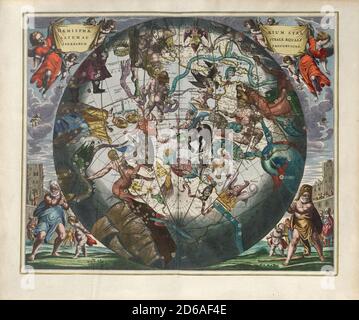 Titel: Die südliche Sternhemisphäre mit gleichmäßig proportionierten (himmlischen und irdischen) Sphären. Gravur von Harmonia Macrocosmica Ersteller: Andreas Cellarius Datum: 1660 Medium: Handkolorierter Gravur Ort: The British Library Stockfoto