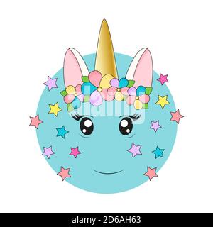 Einhorn-Gesicht mit Blumenkrone im Cartoon-Stil, Vektor-Illustration. Stock Vektor