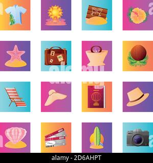 Sommer Urlaub Reise, Hemd Sonnenuntergang Hut Getränke Tickets, set Icons quadratische Blöcke Stil Vektor Illustration detaillierten Stil Stock Vektor