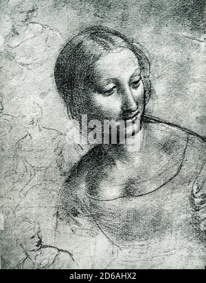 Der Leiter der St. Anne aus Zeichnung von Leonardo da Vinci (1453-1519) ist an der Akademie der Bildenden Künste in Venedig. Leonardo da Vinci war ein italienischer Universalgelehrter der Hochrenaissance, der weithin als einer der größten Maler aller Zeiten gilt. Die Mona Lisa ist das berühmteste von Leonardos Werken und das berühmteste Porträt, das jemals gemacht wurde. Stockfoto