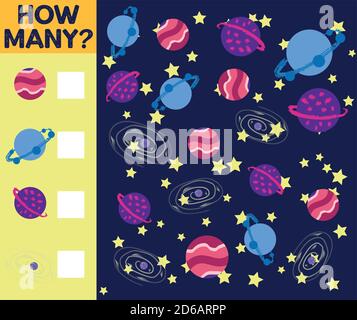 Zählspiel für Vorschulkinder. Pädagogisch ein mathematisches Spiel. Zählen Sie, wie viele Raumschiffe Stock Vektor
