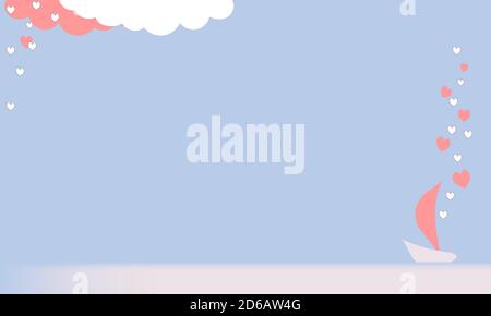 Romantischer Hintergrund mit einem Schiff mit Scharlach Uhr und Herzen auf dem Meer und Wellen für Karten über Liebe, Hochzeit, Valentinstag Stock Vektor
