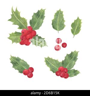 Holly Pflanze, rote Beeren, traditionelle Winterferien Aquarell Illustration, Blätter und Beeren, Ende des Jahres Feiern und Familientreffen Symbol, festliche Stimmung einfaches Muster Stockfoto