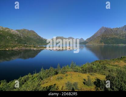 Kleine Kapelle auf EINER Landzunge in Sildpollen bei Vestpollen on Lofoten Inseln am Eidsfjord an EINEM sonnigen Sommertag mit Ein klarer blauer Himmel Stockfoto