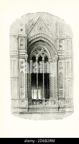 Diese Illustration der Tracery vom Campanile von Giotto in Florenz stammt aus John Ruskins Essay „die sieben Lampen der Architektur“, der 1849 veröffentlicht wurde. Giotto's Campanile ist ein freistehender campanile oder Glockenturm, der Teil des Gebäudekomplexes ist, aus dem sich die Kathedrale von Florenz auf der Piazza del Duomo in Florenz, Italien, befindet. Tracery bezieht sich auf die Elemente aus Mauerwerk, die das Glas in einem Fenster stützen. Der Begriff leitet sich wahrscheinlich von den Fußböden ab, auf denen die komplexen Muster der Fenster in der spätgotischen Architektur angelegt wurden. John Ruskin war der führende englische Kunstkritiker der Stockfoto