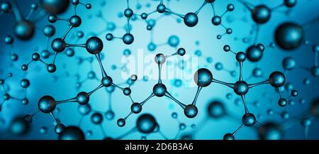 Blauer Molekülstruktur Hintergrund. Zellen und biologische Kette abstraktes Konzept 3D Rendering 3D Illustration Stockfoto