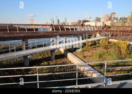 14. Oktober 2020, US, New York: Pflanzen wachsen am 'Pier 26' im Hudson River Park, einem Steg, der in einen Park verwandelt wurde. Ein weiterer Pier wurde in einen Park in New York verwandelt - diesmal mit einem Fokus auf die Ökologie des Hudson River. Pier 26' im Hudson River Park im Südwesten Manhattans Hudson River Park, der für rund 40 Millionen Dollar (rund 35 Millionen Euro) umgebaut und kürzlich wiedereröffnet wurde, verfügt über einen Sportplatz, Holzschaukeln und Liegestühle sowie zahlreiche einheimische Pflanzen und Bäume. An der Spitze des Piers wurde auch ein Sumpfgebiet geschaffen, das nur in der unteren Höhe zu sehen ist Stockfoto