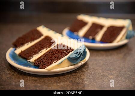 Eine reichhaltige, feuchte Schokoladencreme, dreilagige Torte mit dicker Vanillevereisung und graublau gefärbten Buttercreme-Rosetten. Stockfoto