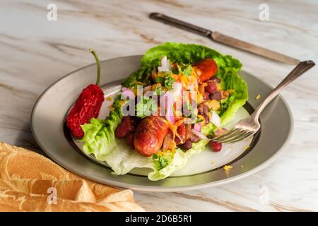 Schicke glutenfreie Kost keine Knollenchili heiße Hundesalat Wraps Stockfoto