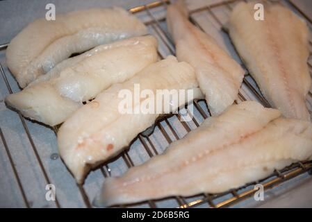 Mehrere weiße Wildcodfish-Filets auf einem Metallgestell trocknen. Der rohe Fisch wird in einer Restaurantküche zubereitet. Stockfoto