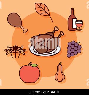 thanksgiving Tag, Saison Essen truthahn Wein Apfel Kürbis Symbole Vektor-Illustration Stock Vektor