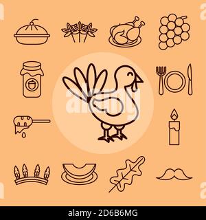 thanksgiving Tag, Saison Essen truthahn Wein Apfel Kürbis Symbole Vektor-Illustration Stock Vektor