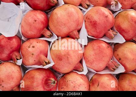 Gruppe von Granatäpfeln auf dem Markt. Granatapfel Nahaufnahme, Hintergrund Stockfoto