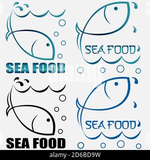 Set von kreativen Logos Meeresfrüchte aus der Kontur von Fisch Tauchen und Springen aus dem Wasser mit der Inschrift Stock Vektor