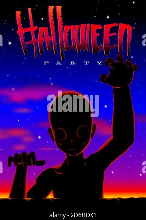 Halloween Party Poster im 80er Jahre Horrorfilm Stil mit krabbelnden Zombie oder Alien Kreatur und Neon Sonnenuntergang. Stock Vektor