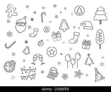 Set von fröhlichen weihnachtselement und Symbol in Doodle-Stil. Stock Vektor