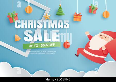 Weihnachtsverkauf mit Geschenken und Elementen auf rotem Hintergrund Banner in Papierkunst-Stil hängen. Stock Vektor