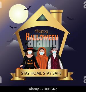 Kinder bleiben zu Hause auf Halloween Trick or Treat. Halloween Kostüme mit Gesichtsmaske tragen. Kinderkostüm. vektor-Illustration. Covid Coronavirus Konzept Stock Vektor