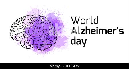 Internationaler Alzheimers Tag. Horizontale Karte mit Umriss menschlichen Gehirns auf lila Aquarellflecken. Krankheit und Aussterben. Vektorbanner für Medizin Stock Vektor