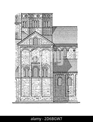 Antike Gravur aus dem 19. Jahrhundert, die Seitenansicht des Klosters Maria Laach in Deutschland darstellt. Illustration veröffentlicht in Vergleichende architektonische Formenlei Stockfoto