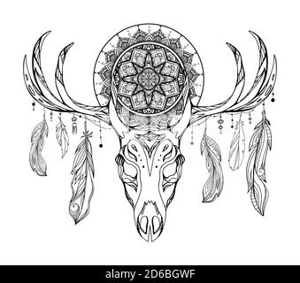 Ethnische Illustration eines Hirsch Schädels mit einem tracery Traumfänger und Federn. Mystic Totem. Schwarz-Weiß-Vektor-Bild für Tattoo-Skizzen, drucken Stock Vektor