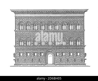 Antike Gravur des Palazzo Strozzi in Florenz, Italien. Illustration veröffentlicht in Vergleichende architektonische Formenlehre von Carl Scholtze, Leipzig Stockfoto