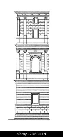 Antike Gravur mit der Fassade des Palazzo Torlonia in Rom, Italien, entworfen von Andrea Bregno. Illustration veröffentlicht in Vergleichende Architektoni Stockfoto