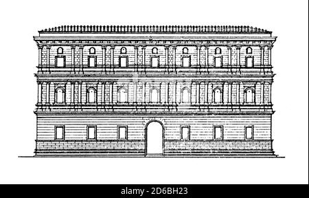 Antike Illustration des Palazzo Torlonia in Rom, Italien, entworfen von Andrea Bregno. Stich veröffentlicht in Vergleichende architektonische Formenlehre Stockfoto