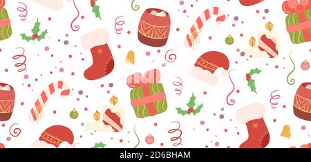 Nahtloses Weihnachtsmuster auf weißem Hintergrund. Tapete mit Ornament, hollie, Geschenk, süß, Santa Hut, Serpentin und Konfetti. Festliche Textur für Stock Vektor