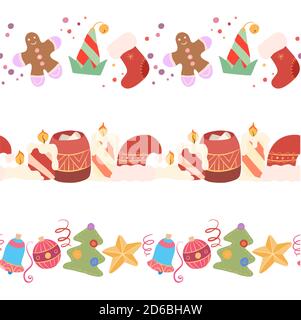 Nahtlose festliche Bordüren. Rahmen mit Kerzen, weihnachtsmann und Elfen Kleiderschrank, weihnachtsbaum, Dekoration und Konfetti. Das Objekt ist getrennt vom Stock Vektor