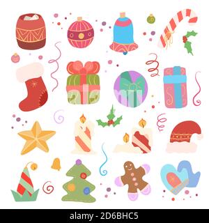 Festliche Set von verschiedenen Elementen für das neue Jahr. Heiligabend. Dekorationen auf dem Weihnachtsbaum, Weihnachtsmütze und Elfe, Geschenk und süß. Vektor flach o Stock Vektor