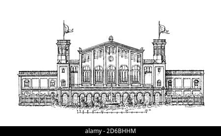 Antike Illustration des Terminalgebäudes in Berlin (1870). Stich veröffentlicht in Vergleichende architektonische Formenlehre von Carl Scholtz Stockfoto