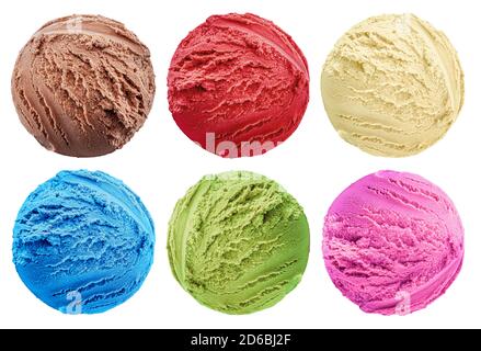 Set von verschiedenen bunten leckeren Kugeln Eis auf weißem Hintergrund. Draufsicht. Datei enthält Beschneidungspfad für jedes Element. Stockfoto