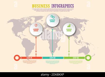 Infografik-Vorlage mit visuellen Symbolen. 3 Schritte zur Modellierung eines Unternehmens, einer Finanzabteilung, eines Projekts, eines Plans oder eines Marketings. Vektorgrafik Stock Vektor