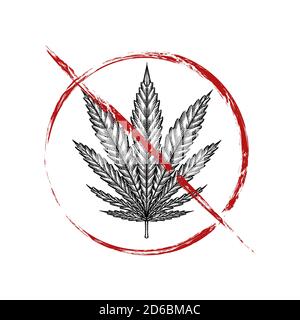 Skizze des Blattes von Marihuana in grunge Verbotsschild. Verbot von Cannabis. Hören Sie auf, Kräuter zu rauchen. Das Objekt ist vom Hintergrund getrennt. Vect Stock Vektor