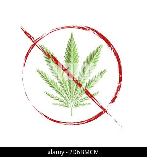 Graiving Zeichnung von grünen Blatt von Marihuana in grunge Verbot Zeichen. Verbot von Cannabis. Hören Sie auf, Kräuter zu rauchen. Objekt ist vom Hintergrund getrennt. Vec Stock Vektor