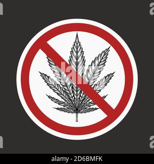 Skizze des Blattes Marihuana im Verbotszeichen. Verbot von Cannabis. Hören Sie auf, Kräuter zu rauchen. Das Objekt ist vom Hintergrund getrennt. Vektor Stock Vektor